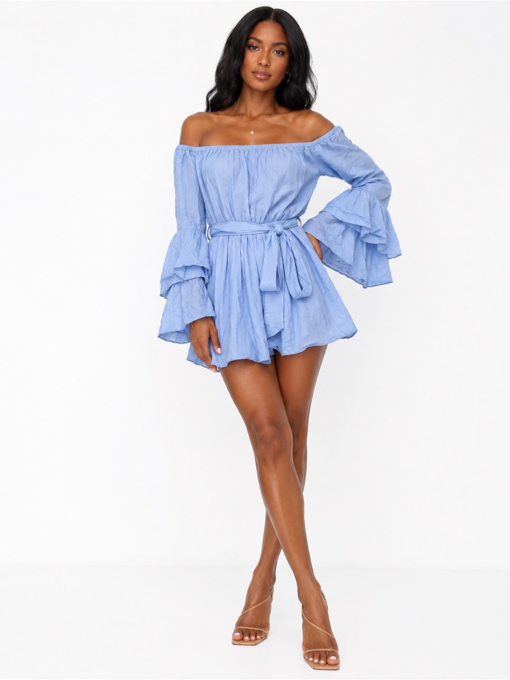 a'gaci Light Blue Off-Shoulder Bell Sleeve Romper
